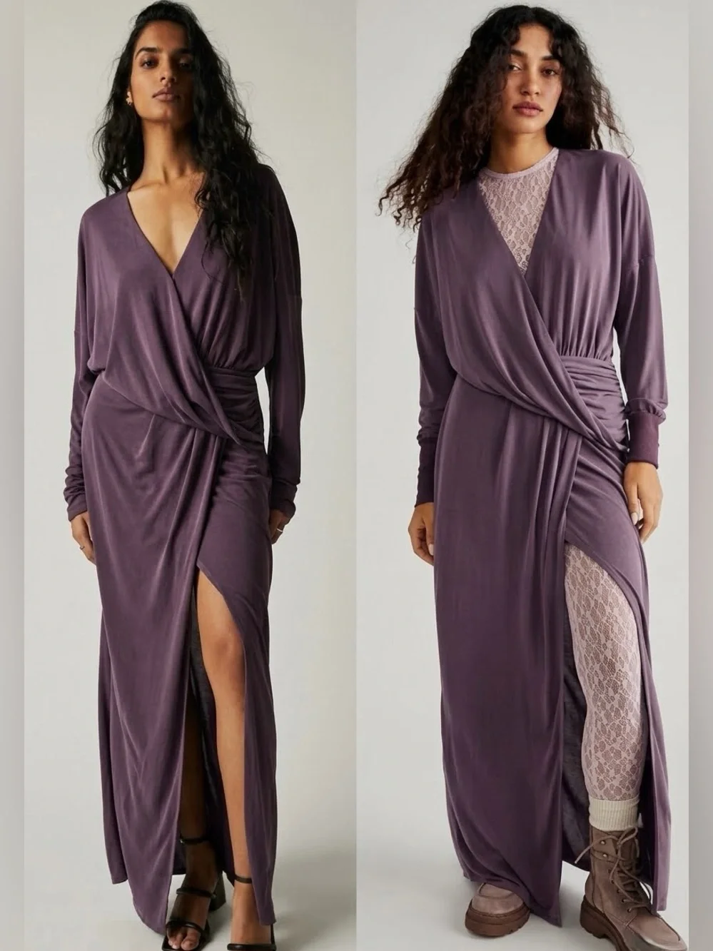 Free People Riley Cupra Wrap Maxi Dress Plum Purple Medium M NWOT Boho Slit